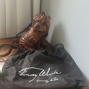 Timmy Woods Brown Charpei Dog Wooden Purse With Black Drawstring Women’s Bag